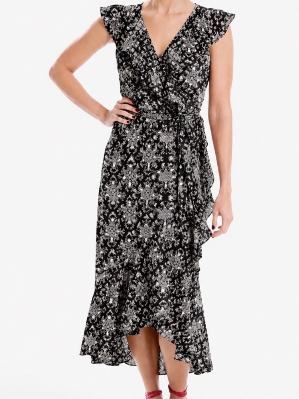 Max Studio Black and White Floral Ruffle Wrap Dress